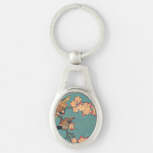 Hokusai Dompfaff und Kirschblüte Vintage Vogel Schlüsselanhänger