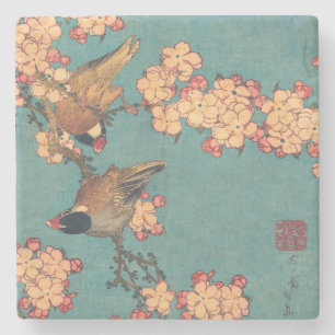 Hokusai Dompfaff und Kirschblüten Vintage Vogel Steinuntersetzer