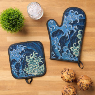Hokusai Feminine Wave Vintager Ozean Ofenhandschuh & Topflappen-Set
