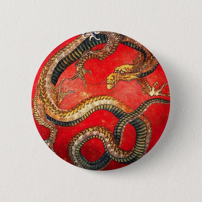 Hokusai Gold Japanischer Dragon Button (Vorderseite)