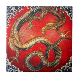 Hokusai Gold Japanischer Dragon Tile Fliese