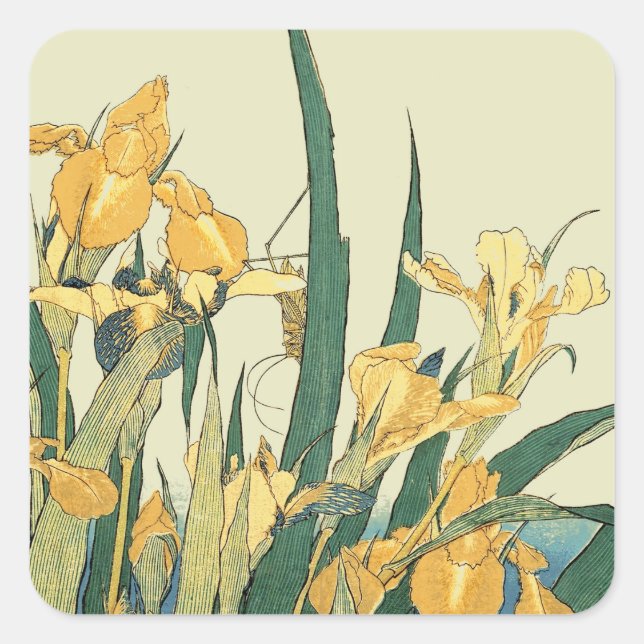Hokusai Grasshopper und Iris Japan Quadratischer Aufkleber (Vorderseite)