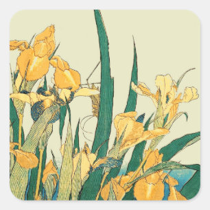 Hokusai Grasshopper und Iris Japan Quadratischer Aufkleber