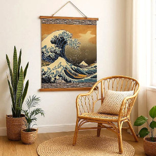 Hokusai Große Welle vor Kanagawa Vintage Japanisch Wandteppich Mit Holzrahmen