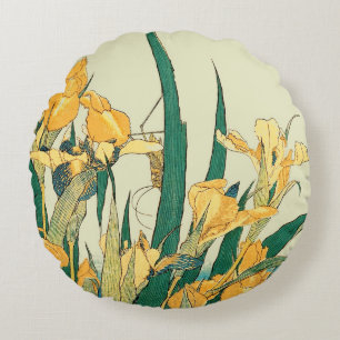 Hokusai Heuschrecke Iris Vintage Druck: Japanisch Rundes Kissen