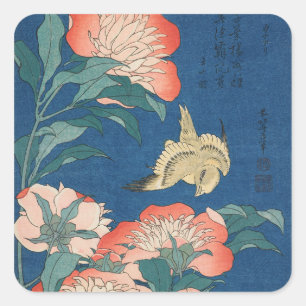 Hokusai Japanische Kunst Pfingstrosen und Kanarien Quadratischer Aufkleber