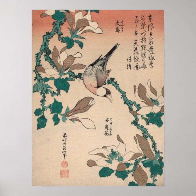 Hokusai Java Sparrow auf Magnolia GalleryHD Poster (Vorne)