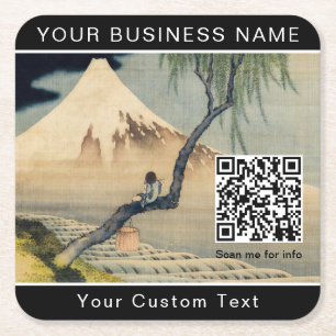 Hokusai - Junge betrachtet den Fuji - QR Code Rechteckiger Pappuntersetzer