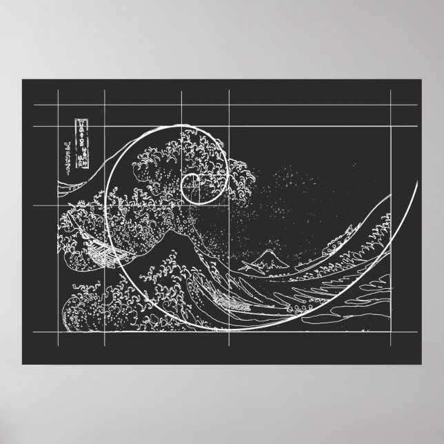 Hokusai Meets Fibonacci linear schwarz-weiß Poster (Vorne)