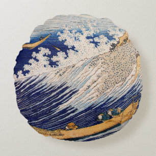 Hokusai Ozeanwellen Meer Boote Rundes Kissen