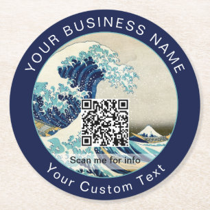 Hokusai - The Great Wave off Kanagawa - QR Code Runder Pappuntersetzer