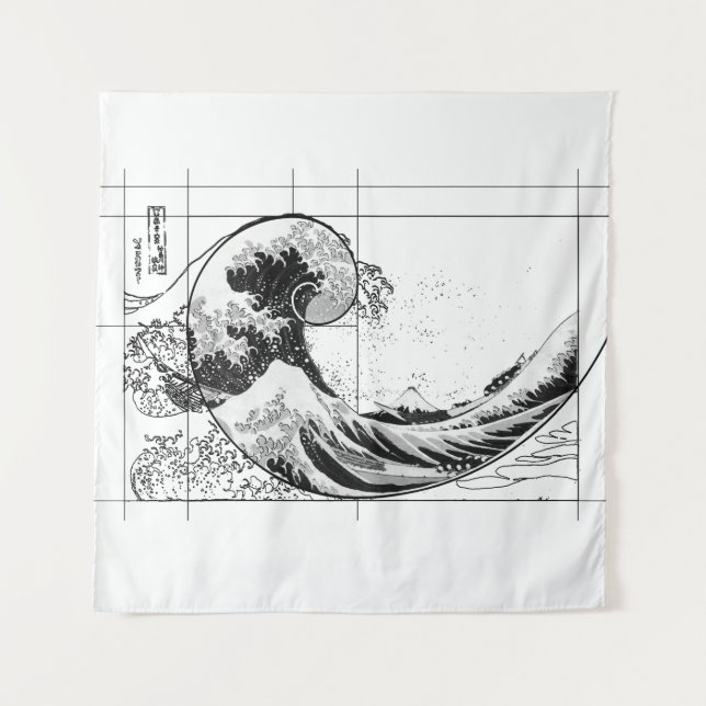 Hokusai trifft Fibonacci, Schwarz und Weiß Tapeste Wandteppich (Vorderseite)