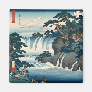 Hokusai Ukiyo-e Japanese Waterfall Landscape Blue Magnet