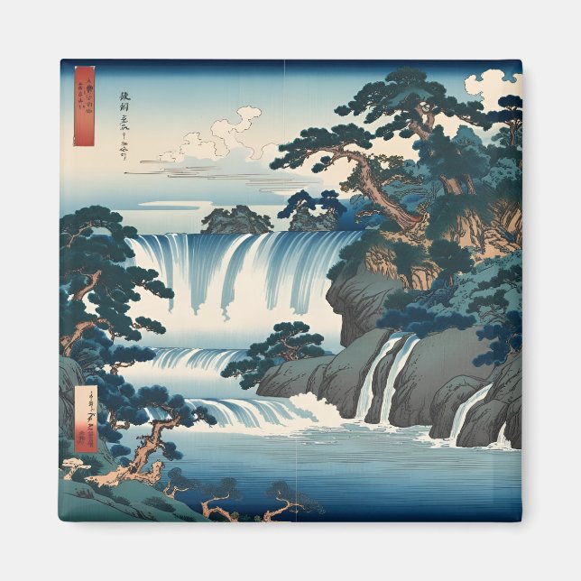 Hokusai Ukiyo-e Japanese Waterfall Landscape Blue Magnet (Vorne)