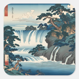 Hokusai Ukiyo-e Japanese Waterfall Landscape Blue Quadratischer Aufkleber