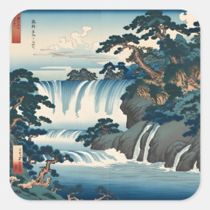 Hokusai Ukiyo-e Japanese Waterfall Landscape Blue Quadratischer Aufkleber