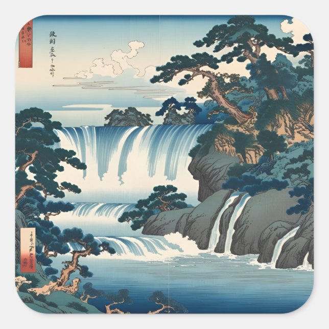 Hokusai Ukiyo-e Japanese Waterfall Landscape Blue Quadratischer Aufkleber (Vorderseite)
