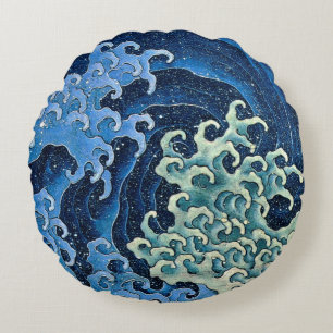 Hokusai Weibliche Welle Vintage Ozean Rundes Kissen