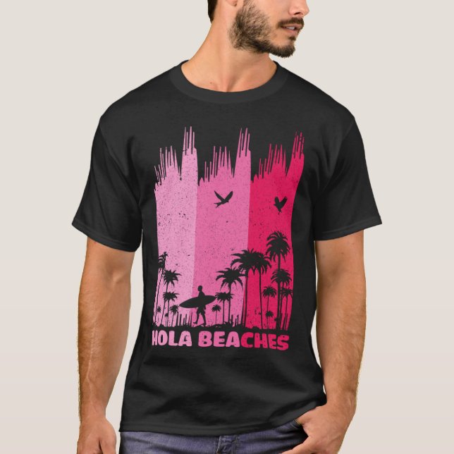 Hola Beaches Retro Surfing Summer Palm Tree Family T-Shirt (Vorderseite)