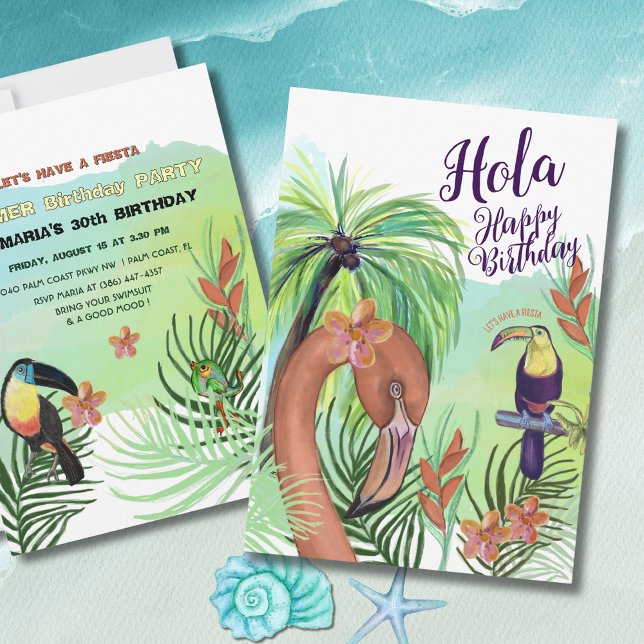 Hola Happy Birthday - Tropical Flamingo Toucan Einladung (Hola Happy Birthday -Tropical Flamingo Toucan Invitation)