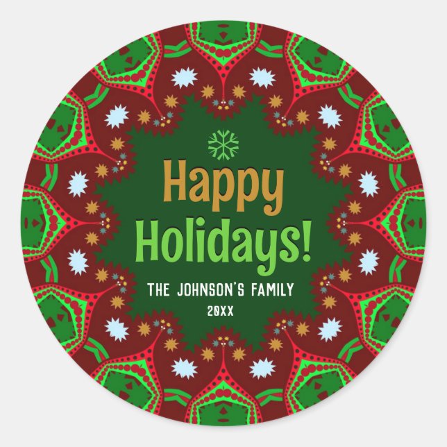 Hola Happy Holidays Geometric Mandala Runder Aufkleber (Vorderseite)