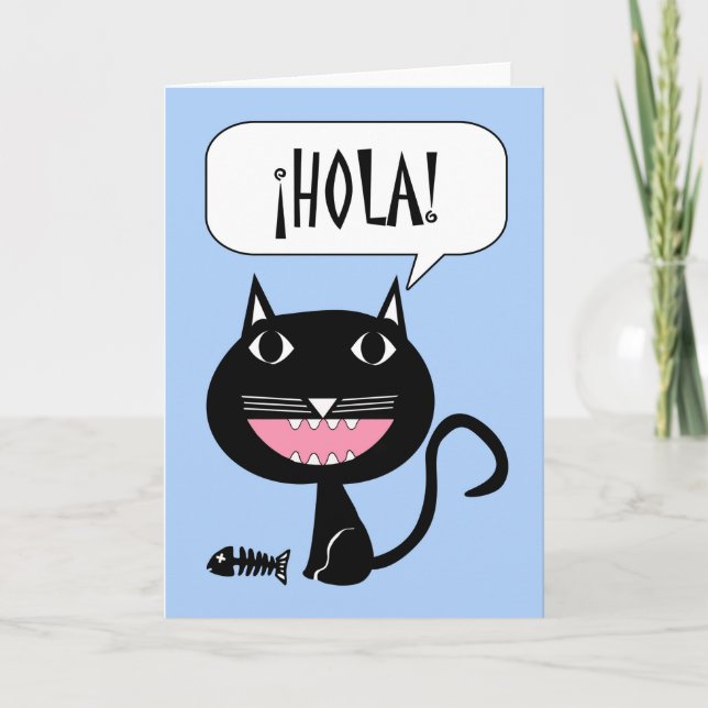 Hola, Hello Card auf Spanisch, Black Cat with Fish Karte (Vorderseite)