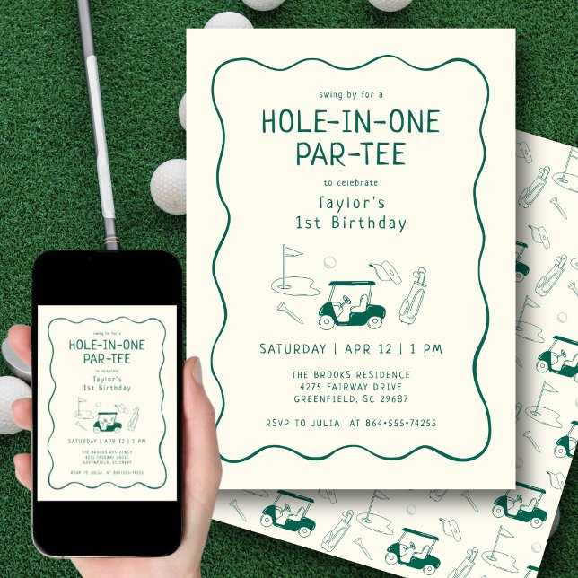 Hole In One 1st Birthday Par-tee Hand Drawn Green Einladung (Hand-drawn golf icons add a playful, artistic touch to this modern first birthday invite.)