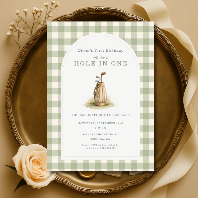 Hole in One 1st Year Sage Green Gingham Birthday Einladung (Von Creator hochgeladen)