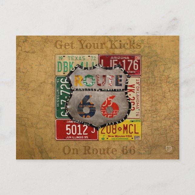 Holen Sie sich Ihre Kicks auf Route 66 Lizenzplate Postkarte (Vorderseite)