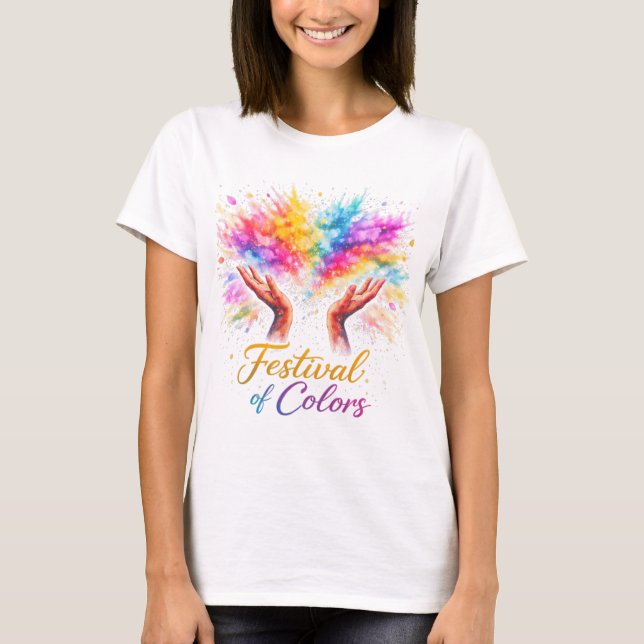 Holi Festival Hands Throwing Colors Watercolor T-Shirt (Vorderseite)