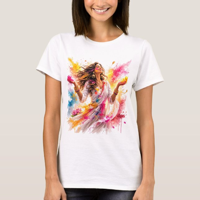 Holi Festival Woman Watercolor T-Shirt (Vorderseite)