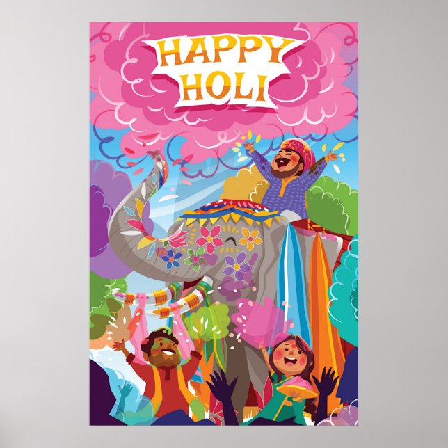 Holi Hai Painted Elephant in Crowd Poster (Vorne)
