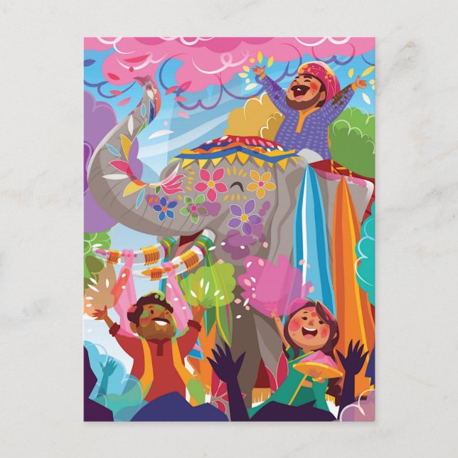 Holi Hai Painted Elephant in Crowd Postkarte (Vorderseite)