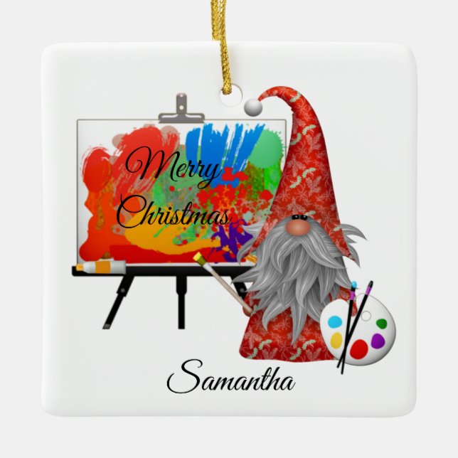 Holiday Artist Gnome Personalisiert Keramikornament (Vorderseite)