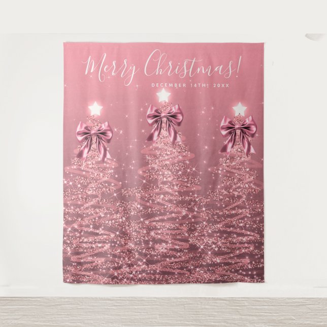Holiday Backdrop Blush Pink Christmas Trees Bows Wandteppich (Vorderseite)