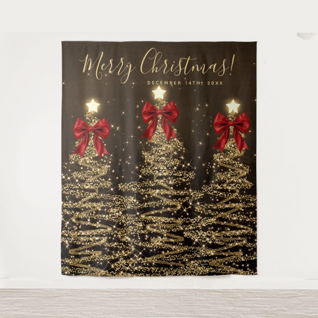 Holiday Backdrop Gold Christmas Trees w/ Red Bows Wandteppich (Vorderseite)