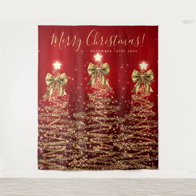 Holiday Backdrop Gold Red Christmas Trees w/ Bows Wandteppich (Vorderseite)