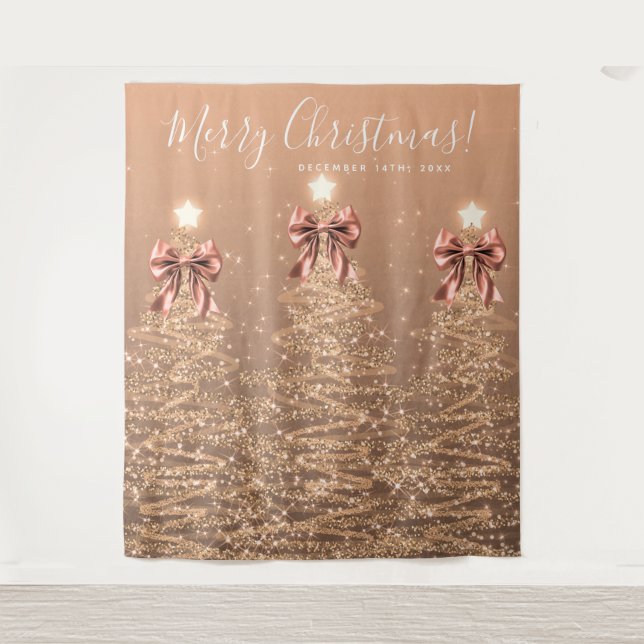 Holiday Backdrop Rose Gold Christmas Trees Bows Wandteppich (Vorderseite)