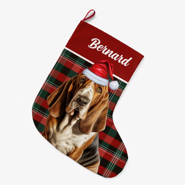 Holiday Basset Hound Festiv Kariert mit dem Namen  Großer Weihnachtsstrumpf (Vorderansicht (hängend))