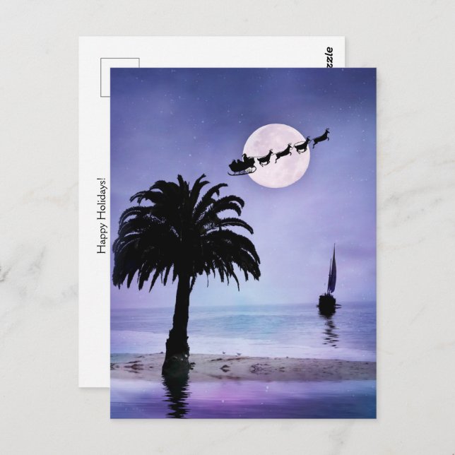 Holiday Beach Sailboat mit Santa Postkarte (Vorne/Hinten)