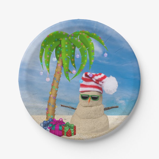 Holiday Beach Sand Man mit Palmen Pappteller (Vorderseite)