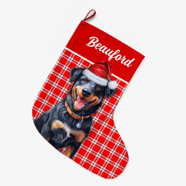 Holiday Beauceron Red Kariert mit dem Namen des Hu Großer Weihnachtsstrumpf (Vorderansicht (hängend))
