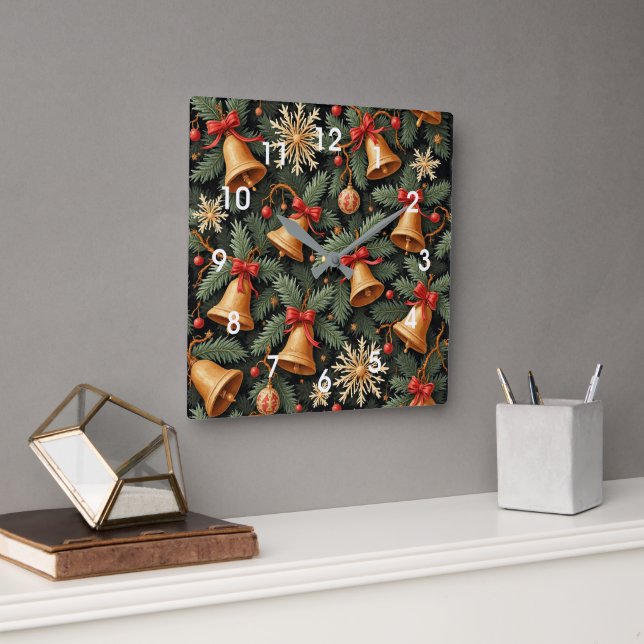 Holiday Bells, Decorative Christmas Pattern, Quadratische Wanduhr (Büro)