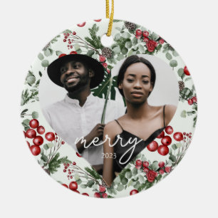 Holiday Berries and Greenery Herz Foto Keramik Ornament
