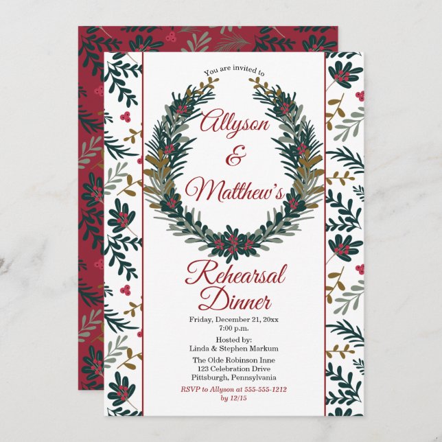 Holiday Berries Pinienwald Probe Abendessen Einladung (Vorne/Hinten)