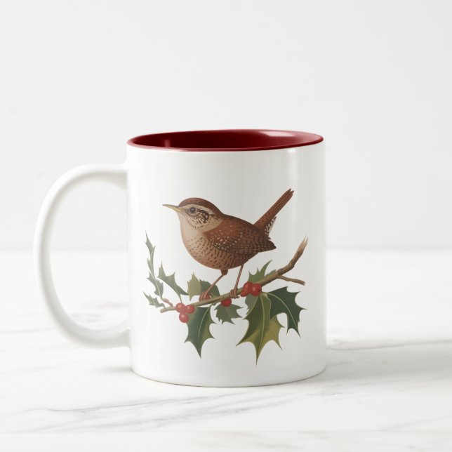 Holiday Bird Wren on Holly Branch Christmas Nature Zweifarbige Tasse (Links)