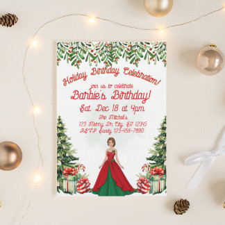 Holiday Birthday Celebration Brunette Doll Einladung