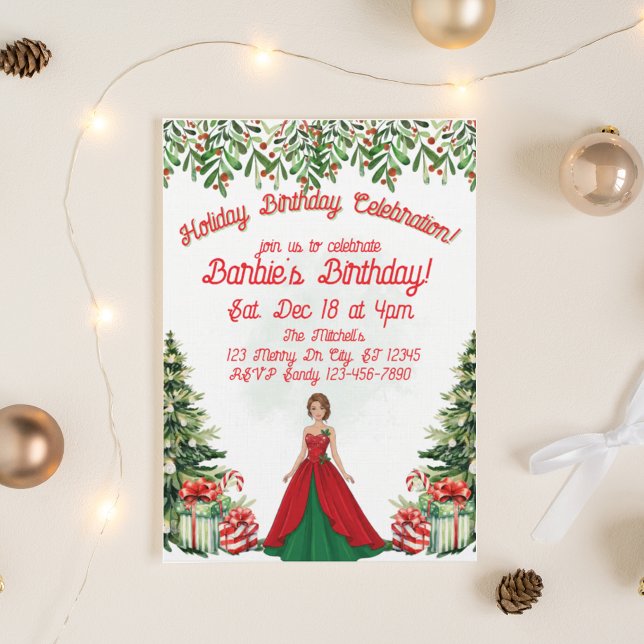 Holiday Birthday Celebration Brunette Doll Einladung (Von Creator hochgeladen)