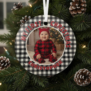 Holiday Black & White Kariert First Christmas Cust Ornament Aus Glas
