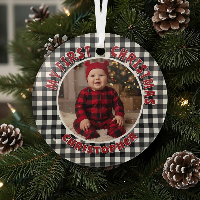 Holiday Black & White Kariert First Christmas Cust Ornament Aus Glas (Von Creator hochgeladen)